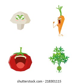 a set of vegetables with facial expressions on a white background
