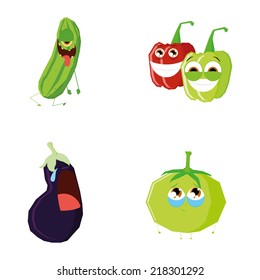 a set of vegetables with facial expressions on a white background