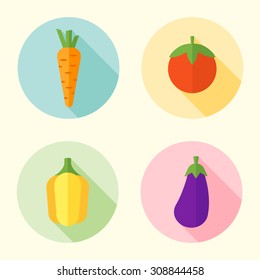 Set of vegetables flat design round icons with long shadow, carrots, tomatoes, peppers, eggplant