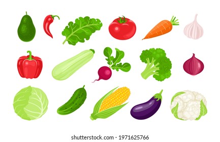 Set of vegetables flat icons. Vector cartoon illustration. Organic food.