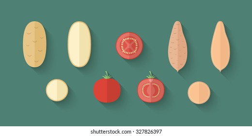 A set of Vegetables in a Flat Style with an Oblique Blend Shadow - Potato, Tomato and Sweet Potato