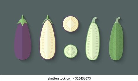 A set of Vegetables in a Flat Style with an Oblique Blend Shadow - Eggplant and Zucchini