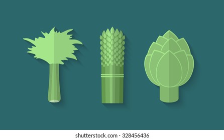 A set of Vegetables in a Flat Style with an Oblique Blend Shadow - Celery, Asparagus and Artichoke