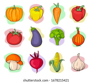 Set of vegetables. Flat style. Pumpkin, pepper, carrot, tomato, eggplant, broccoli, onion, mushroom, corn, garlic vector illustration