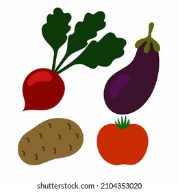 A set of vegetables in a flat style-potatoes,.eggplant, beetroot, tomato on a white background.Vector illustration