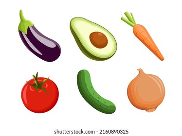 Set of vegetables flat vector illustration. Vegetable food collection. Avocado, eggplant, cucumber, tomato. 