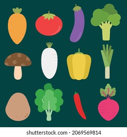 set of vegetables flat vector style cartoon, include carrot tomato eggplant broccoli mushroom bellpepper potato chilli beet