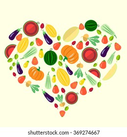set of vegetables in the form of heart on light yellow background