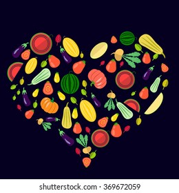 set of vegetables in the form of heart on dark blue background