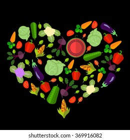 set of vegetables in the form of heart on the black background