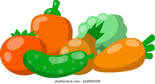 Set of vegetables. Fresh natural village products. Harvest. Red, orange and green object. Tomato, pepper, onion, cucumber, broccoli, carrot. Cartoon flat illustration