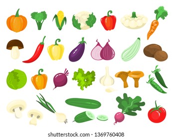 Set of vegetables. Fresh organic food. Broccoli and carrot, pepper and radish. Vegetarian meal. Isolated vector illustration in cartoon style