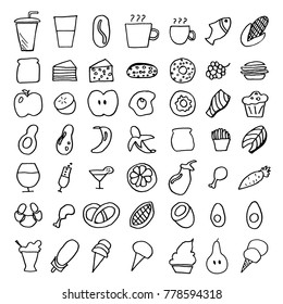 set of vegetables and fruit icons for web games. engraved, hand-drawn. illustration outline. drinks and ice cream, coffee and eggs, pastries and fast food.