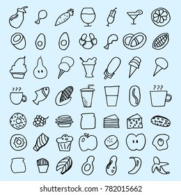 set of vegetables and fruit icons for web games. engraved, hand-drawn. illustration outline. drinks and ice cream, coffee and eggs, pastries and fast food.