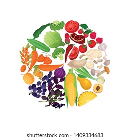 Set of vegetables and fruit laid out by color in a circle. Vector illustration on white background.