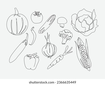 set of vegetables, fruit in one continuous line drawing style. vector illustration.