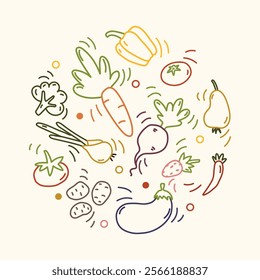 Set of vegetables and fruit in simple doodle style. Outline hand drawn composition. Healthy food collection. Silhouettes and lineart