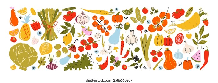 Set vegetables and fruits. Agriculture produce, harvest. Ripe fresh organic food: tomatoes, cucumbers, broccoli, carrots, lemon and other ingredients. Vegetarian stickers set