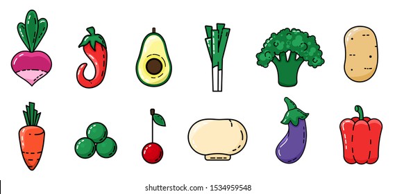 Set of vegetables, fruits and berries, in cartoon style. Collection farm product for restaurant menu, market label. Fon, wallpaper.