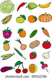Set of vegetables, fruits and berries isolated on white background