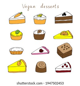 Set of vegetables, fruits and berries vegan desserts, vector doodle illustration, hand drawing, colored