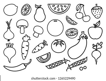 Set of vegetables and fruits, black outline design. Vector illustration