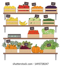 Set of vegetables and fruits in the boxes. Farmer’s marker, grocery store, zero waste shop. Local market food, fresh and organic farm products. Hand drawn vector illustration.