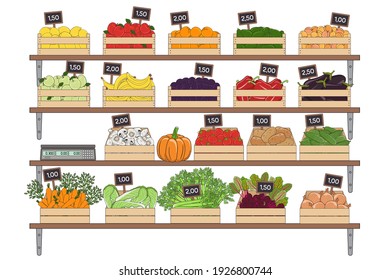 Set of vegetables and fruits in the boxes. Farmer’s marker, grocery store, zero waste shop. Local market food, fresh and organic farm products. Hand drawn vector illustration.