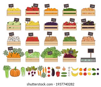 Set of vegetables and fruits in the boxes. Farmer’s marker, grocery store, zero waste shop. Local market food, fresh and organic farm products. Hand drawn vector illustration.