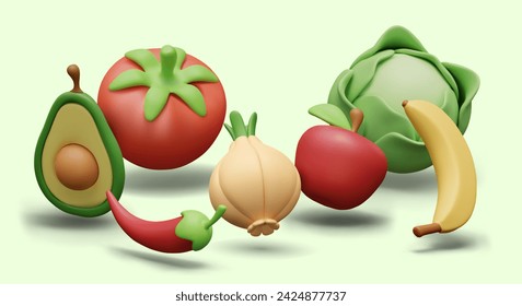 Set of vegetables and fruits in cartoon style. Fresh vitamin ingredients for vegan menu