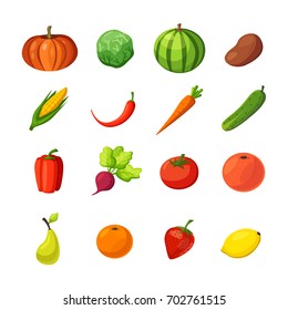Set of vegetables and fruits. Cartoon vector illustration.