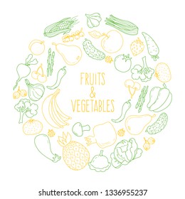 Set of vegetables and fruits in a circle. Sticker. Doodle. Vector
