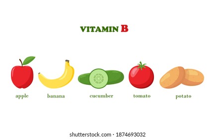 Set of vegetables and fruits containing vitamin B isolated on a white background. Healthy diet. Vegetarianism. Banana, apple, tomato, cucumber, potato. Bright colors. Vector illustration