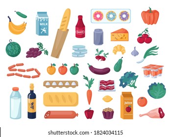 Set of vegetables and fruits, dairy and meat products isolated. Vector pepper, broccoli and eggplant, tomato. Banana and grapes. Donuts and bread loaf. Cheese and milk, eggs, sausage. Grocery shopping