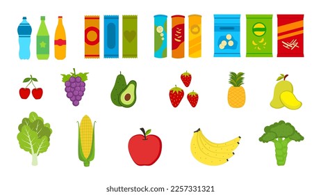 Set of vegetables, fruits, drinks and snacks isolated on white background.