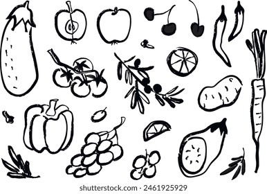 conjunto de verduras y frutas. dibujo a mano alzada. Ilustraciones vectoriales.