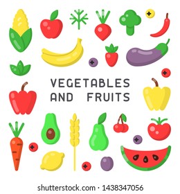 Set of vegetables and fruits icons. Flat style vector illustration