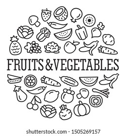 Set of vegetables and fruits icons illustration background in a circular shape