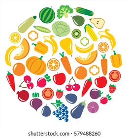 Set of vegetables and fruits icons illustration background in a circular shape