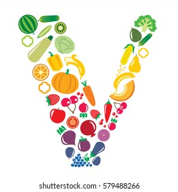 Set of vegetables and fruits icons illustration inscribed in the shape of letter V