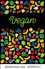 Set of vegetables and fruits icons illustration rectangle frame background on green vector