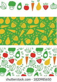 conjunto de íconos y patrones de verduras y frutas. Hojas, brócoli, aguacate, tomate, zanahoria, pera, fresa, cebolla