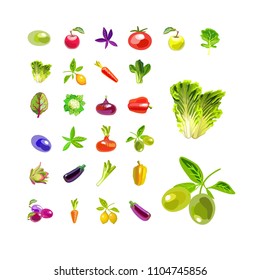 A set of vegetables and fruits. Isolated icons on white background. Natural all-rounder food. Vegetarian foods. Vector illustration

