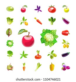 A set of vegetables and fruits. Isolated icons on white background. Natural all-rounder food. Vegetarian foods. Vector illustration

