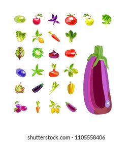 A set of vegetables and fruits. Isolated icons on white background. Natural all-rounder food. Vegetarian foods. Vector illustration

