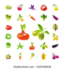 A set of vegetables and fruits. Isolated icons on white background. Natural all-rounder food. Vegetarian foods. Vector illustration

