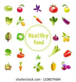 A set of vegetables and fruits. Isolated icons on white background. Natural all-rounder food. Vegetarian foods. Vector illustration

