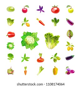 A set of vegetables and fruits. Isolated icons on white background. Natural all-rounder food. Vegetarian foods. Vector illustration

