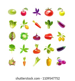 A set of vegetables and fruits. Isolated icons on white background. Natural all-rounder food. Vegetarian foods. Vector illustration

