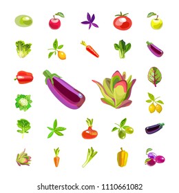 A set of vegetables and fruits. Isolated icons on white background. Natural all-rounder food. Vegetarian foods. Vector illustration

